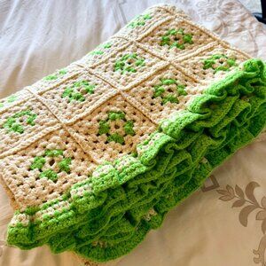 Vintage Handknit Crochet Lime and Cream Afghan Throw Blanket